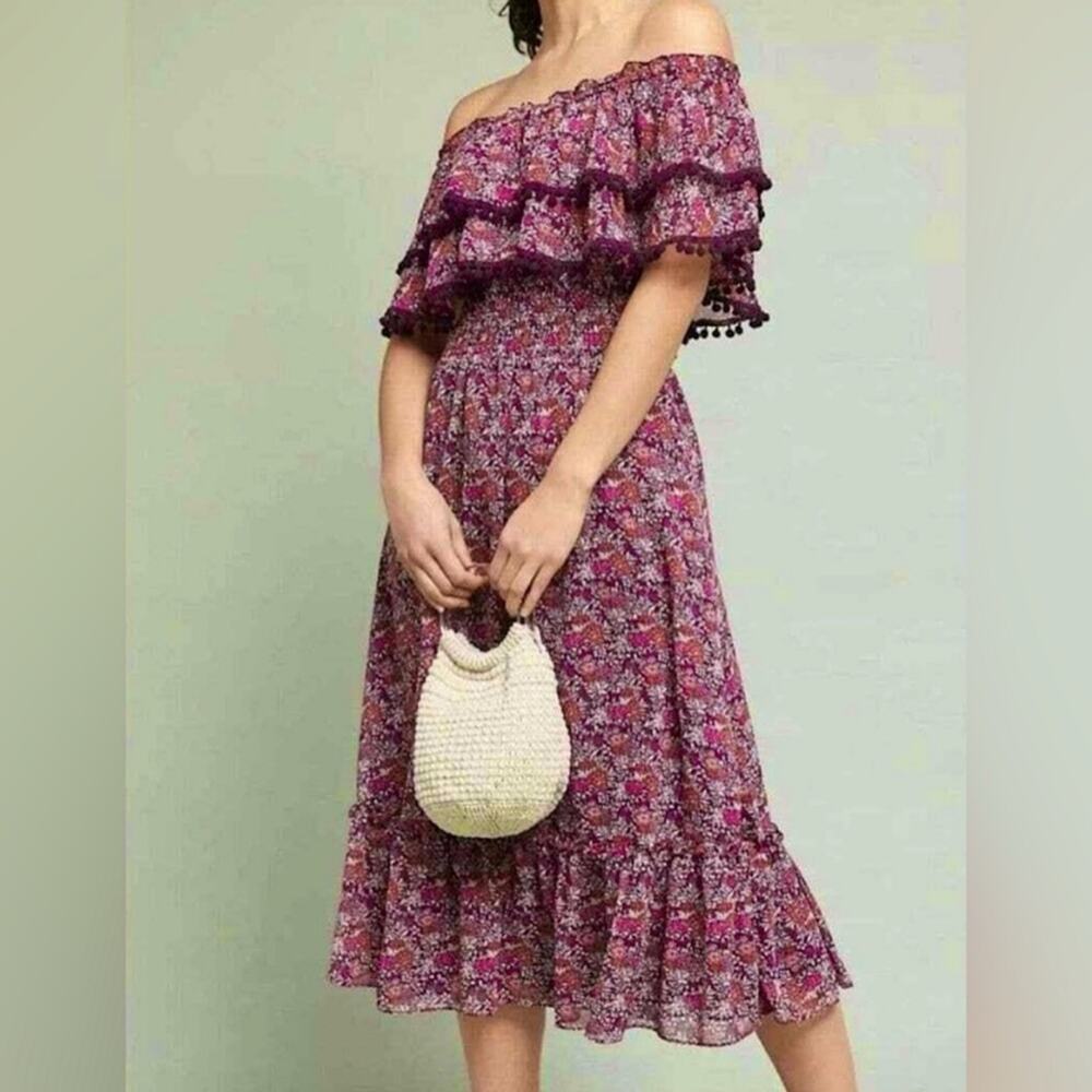 Misa Los Angeles Maribel Burgundy Floral Pom Pom Off Shoulder Midi Dress S